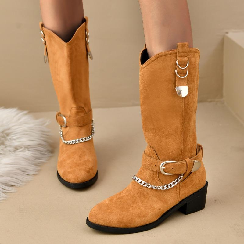 Women's Casual and Versatile Medium Boots New Fall Round Toe Chain Block Heel Solid Color Fashion Boots