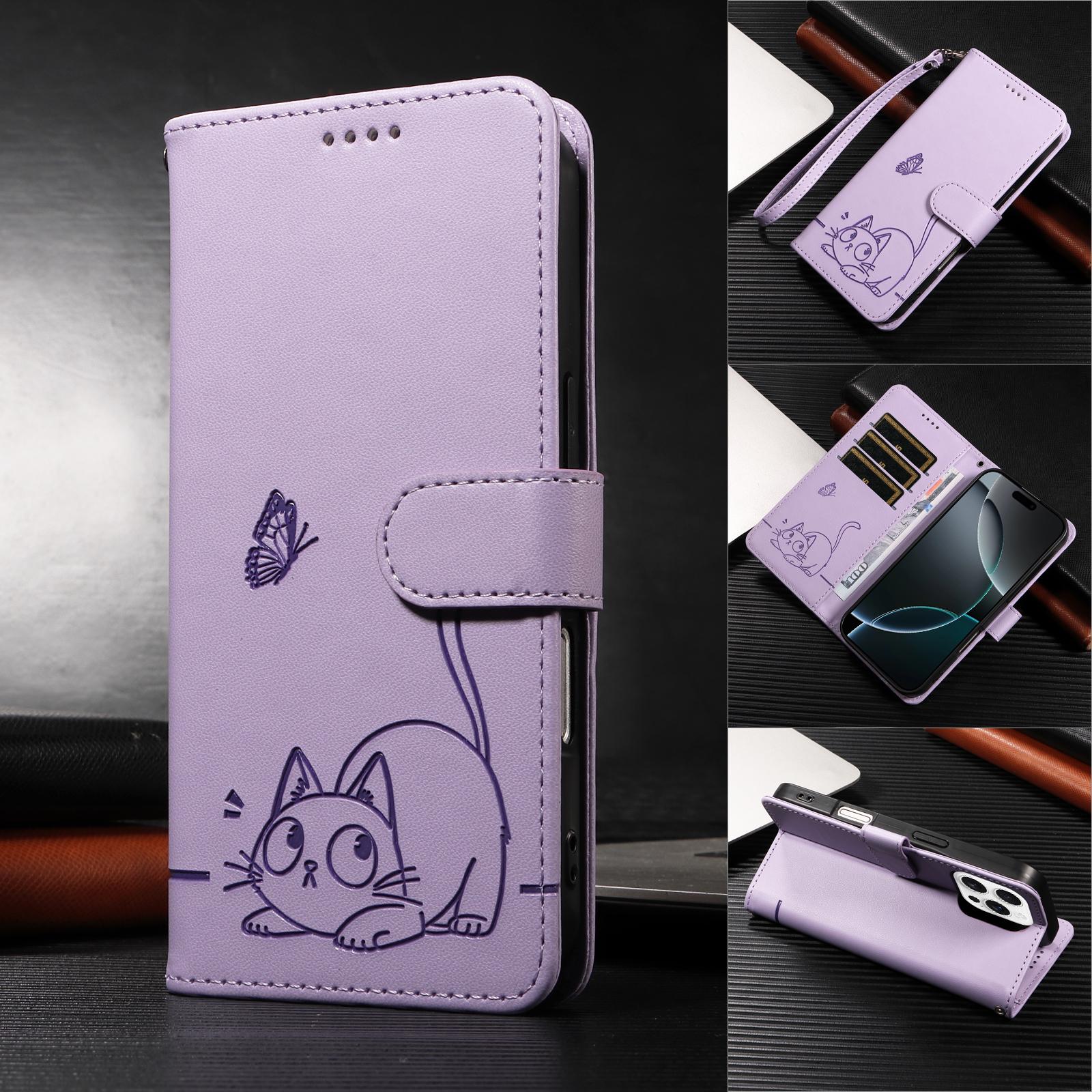 

Магнитный кожаный чехол-кошелек для iPhone 16e 16 15 14 13 12 11 Plus Pro X XS Max | Тисненый дизайн с изображением кошек и бабочек | Премиальный чехол For IPhone 12 Pro фиолетовый