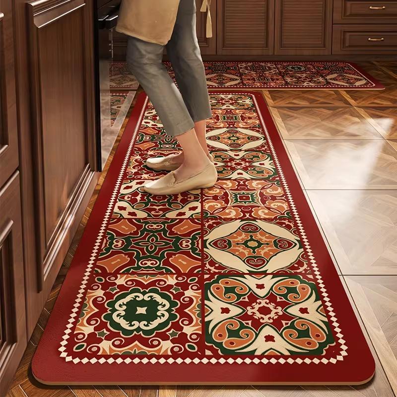 Carpet for Kithen Floor Mat PVC Leather Waterproof Non-Slip Oil-proof Carpet Retro Floral Rug Long Strip Rugs Alfombra De Cocina