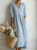 Abito casual da donna azzurro chiaro con scollo a V, ricamo floreale e dettagli di perle, manica media e polsino arricciato