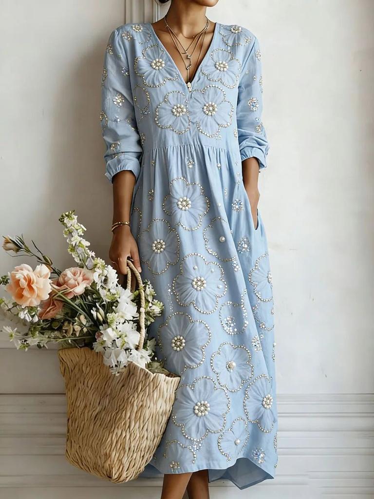 Abito casual da donna azzurro chiaro con scollo a V, ricamo floreale e dettagli di perle, manica media e polsino arricciato