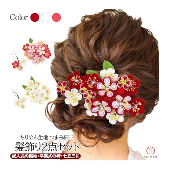 2 Piece Tsumami Zaiku Hair Ornaments for Coming-of-Age Ceremony, Furisode Kimono, Graduation, Wedding, Japanese Traditional Wear, Red