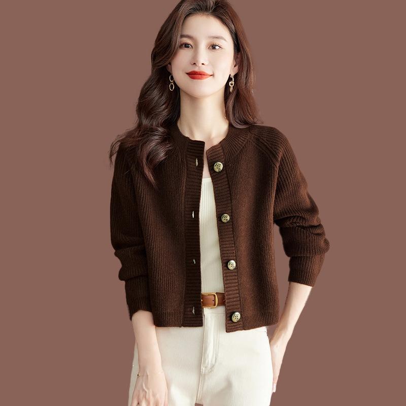Lazy wind short long-sleeved sweater autumn and winter women's new fashion crew neck knitted cardigan with top