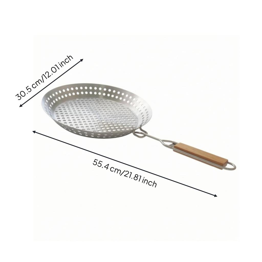 Stainless Steel Perforated Grilling Pan with Detachable Handle Portable Round Barbecue