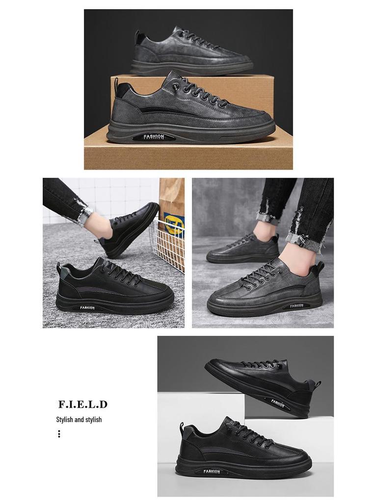 New Men's Autumn Breathable Waterproof Non-slip Black Leather Casual Sneakers