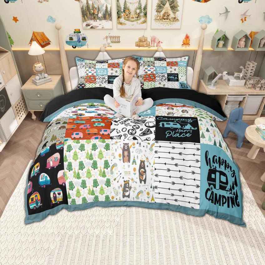 Homewish Happy Camping Duvet Cover Set For Kids Boys Girls Cartoon Camper Car Bedding Set Rv Accessories Quilt Cover Set