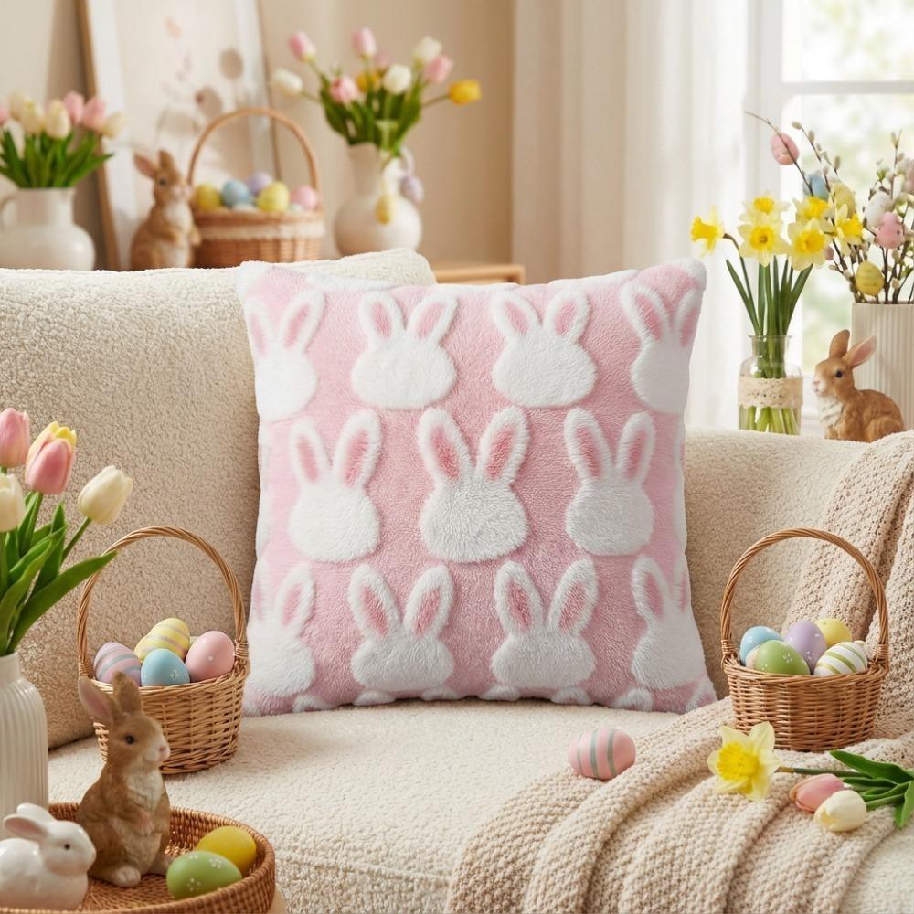 Cartoon Rabbit Plush Pillow Case Jacquard Rabbit Cushion Cover Decorative Pillowslip Holiday Decor 17.72x17.72in