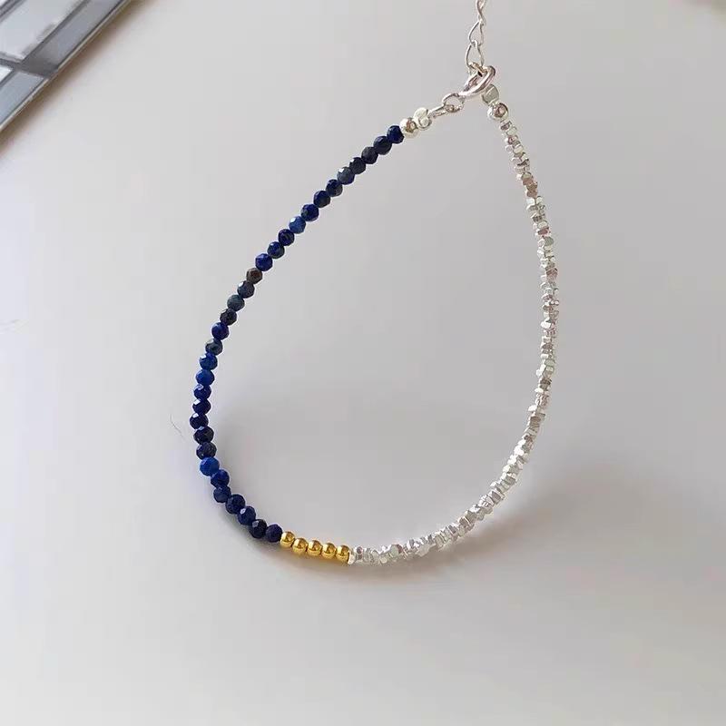 

S925 Sterling Silver Adjustable Lapis Lazuli Paired With Crushed Silver Simple Irregular Bracelets Girl Fine Jewelry Wholesale 19CM Adjustable