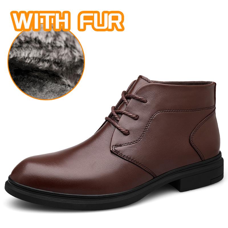 Fashion Pointed Toe Warm Plush Fur Men Boots Lace-Up Male Winter Ankle Boots Genuine Leather Business Botas High Quality Leisure Shoes