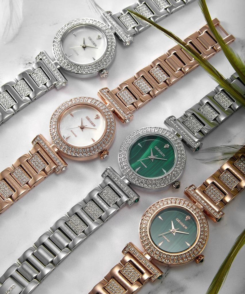 Gaigeo Ge1244Rg_Malachite Women'S Diamond Metal Watch (+2 Types Of Leather Bands)
