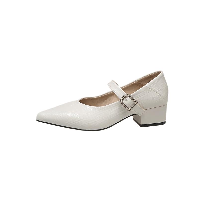 2026 New Simple French Temperament Pointed Toe Shallow Mouth Single Shoes Women's One-word Buckle Strap Low-heeled Shoes