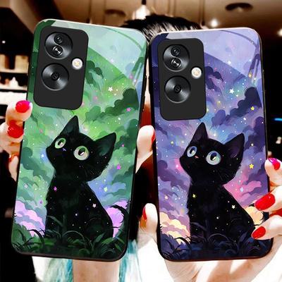 Cute Little Cat Black For Oppo A79 5G 58 78 74 60 4G Reno 11F Realme GT 6 11 Note 50 10 C55 X2 Tempered Glass Black Phone Case