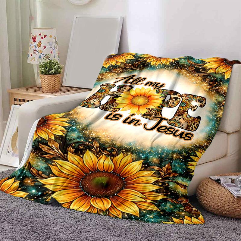 1pc Hope Jesus Floral Flannel Blanket Soft Warm Throw Blanket for Bedroom Living Room Bed Travel Camping Picnic Gift. M072201188