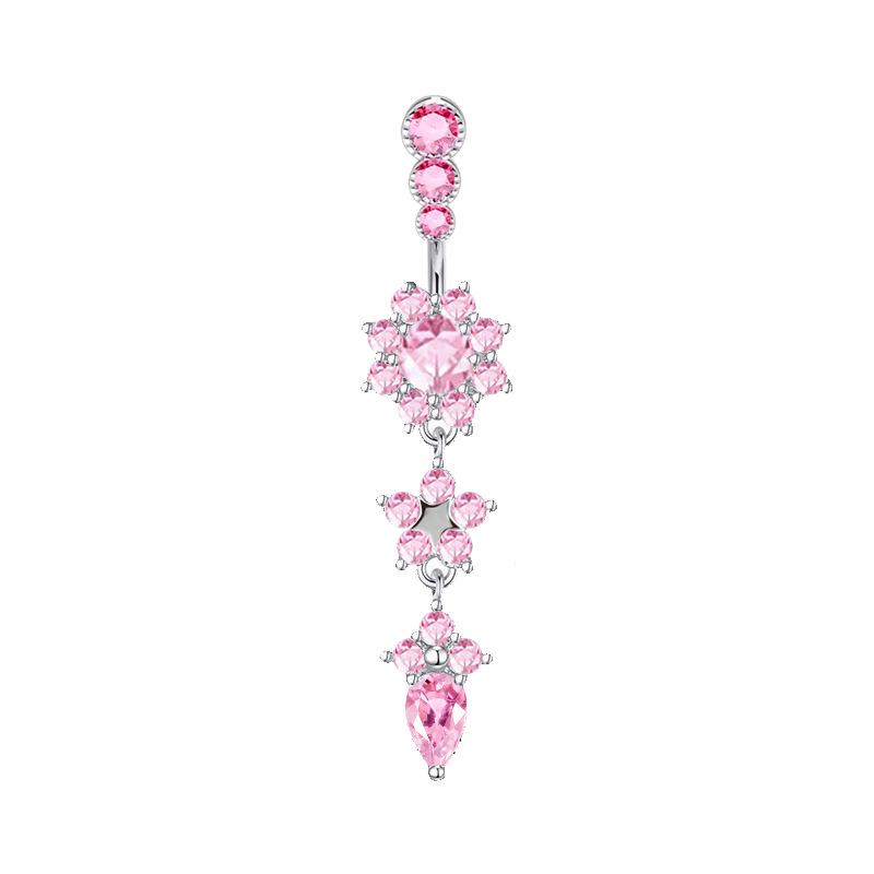 Anneau de nombril en acier inoxydable rose avec longue tige et fleur en cristal CZ pour piercing ombilical pour femmes Bijoux Sexy PLANT&Navel & Bell Button Rings&body