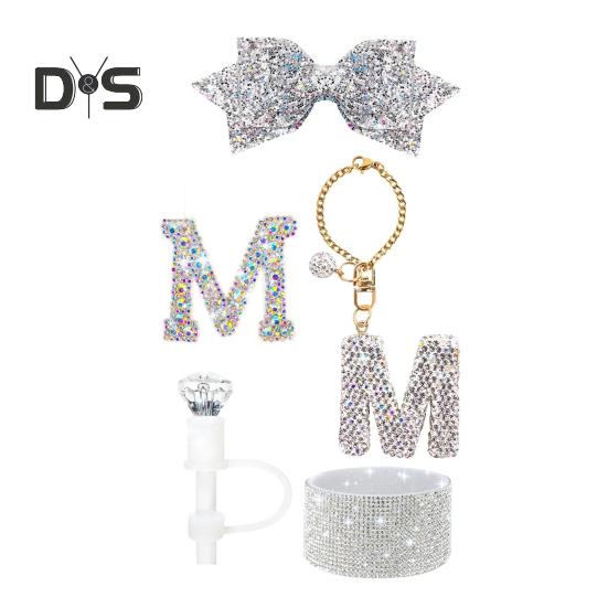 

5 шт. комплект соломенных чехлов со стразами для бутылок с водой, силиконовые наклейки для ботинок, подвески в виде букв, бант, сверкающий аксессуар для бутылки с искусственными бриллиантами M