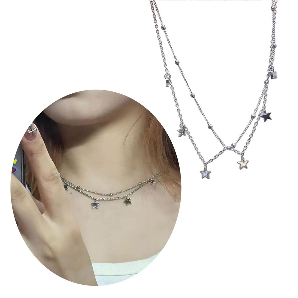 Double Layer Star Beaded Chain Necklace Elegant Alloy Material Neckwear Star Pendant Choker Suitable for Party Daily