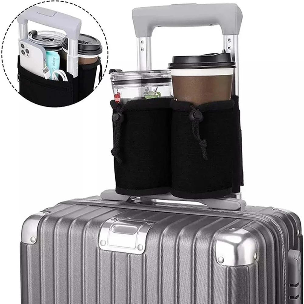 Luggage Handle Water Bottle Holder Bag Dual Cup Storage Pouch Adjustable Drawstring Drink Carrier For Travel Suitcase Use