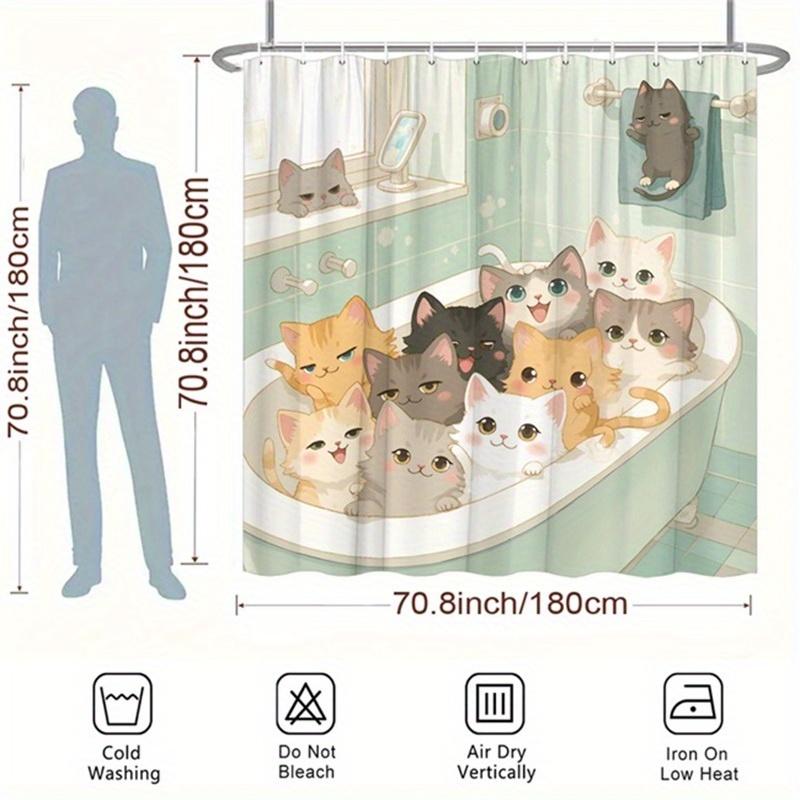 Playful Cartoon Cat Shower Curtain - 12 Hooks, Nine Cats In Bathtub Design, Mint Green, Pastel Palette, 70.8x70.8 Inches