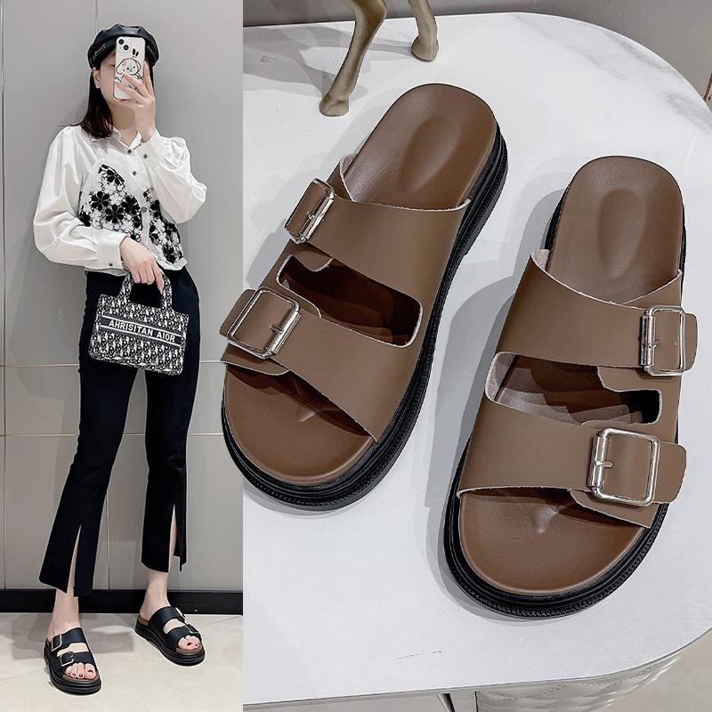 Summer Slippers Women's Outer Wear New Flat-bottomed One-character Square Buckle Thick-soled Beach Women's Shoes Cool Slippers Women's