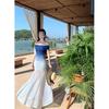 One-word Shoulder Mesh Yarn Gradual Change Wear More Tube Top Design Dress Women's Summer New Waist Slim Hip Long Skirt