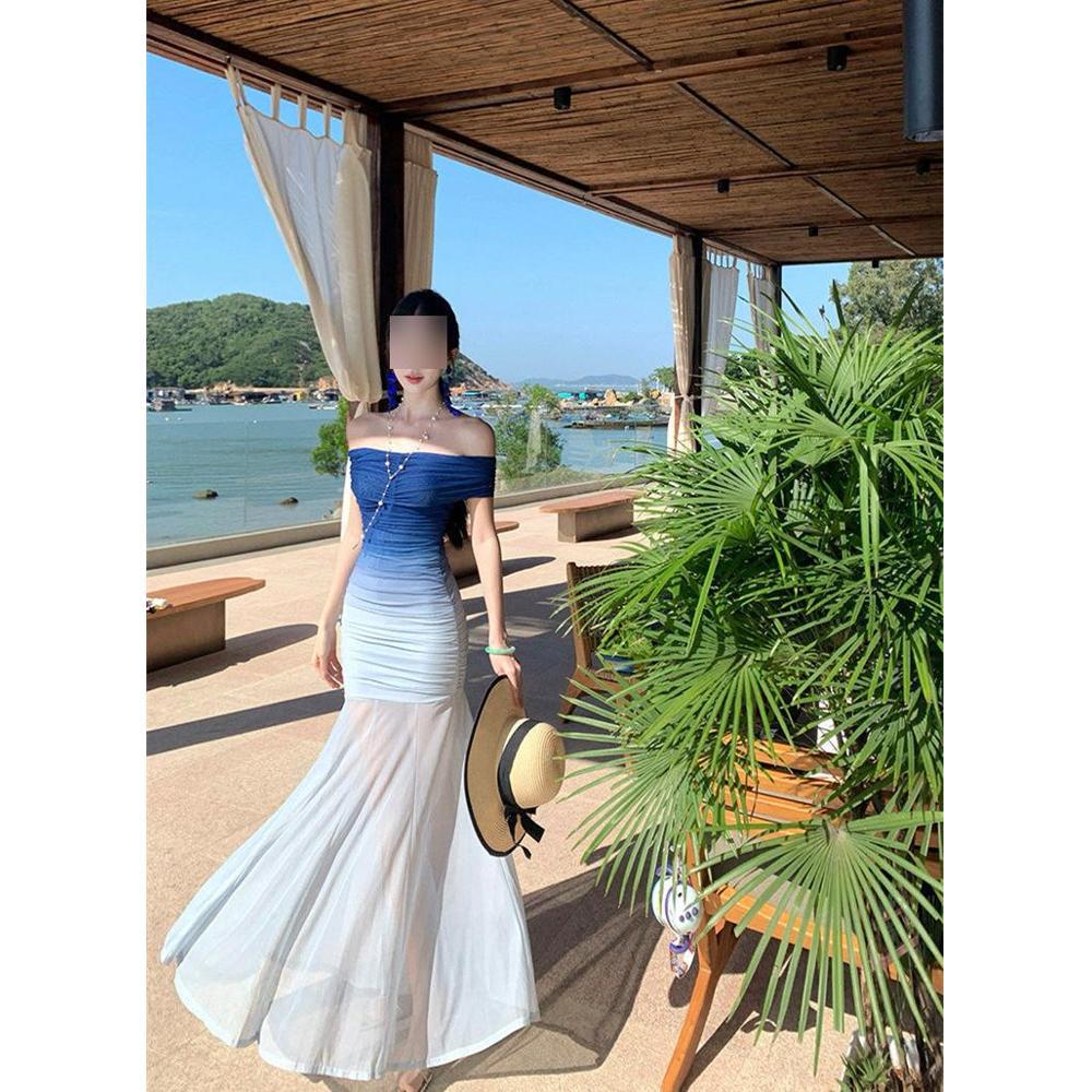 One-word Shoulder Mesh Yarn Gradual Change Wear More Tube Top Design Dress Women's Summer New Waist Slim Hip Long Skirt