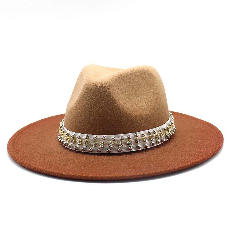 Hat Gradual Change Color Pearl Woolen Hat British Style Jazz Hat Big Brim Hat Ladies Top Hat