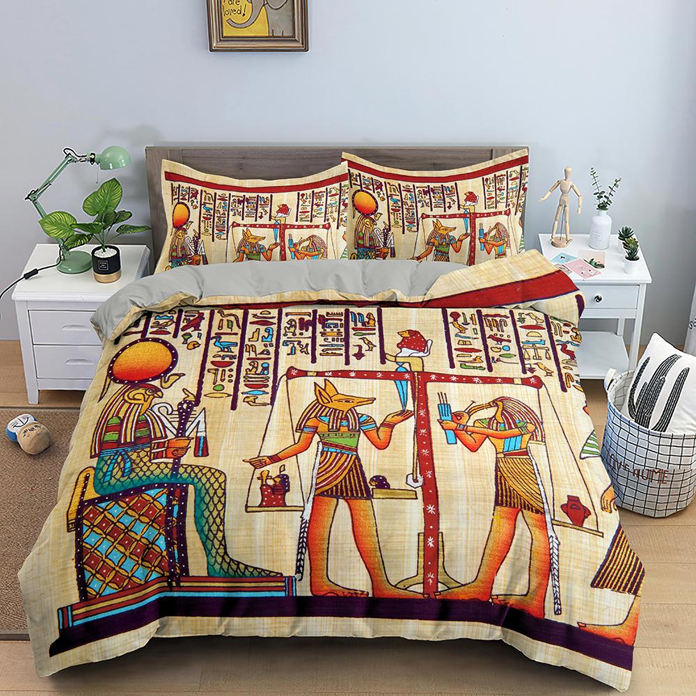 Egypt Comforter Cover Ancient Egyptian Script Duvet Cover Set For Kids Boys Pharaoh Pyramid Bedding Set Egypt Tribal Quilt Cover