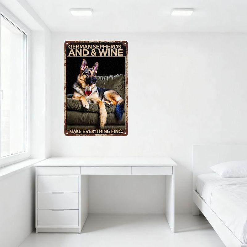 Vintage Rustic German Shepherd Dog Metal Tin Sign, Weathered Border, Glass of Wine On Green Chair, 'GERMAN SHEPHERDS AND WINE' &