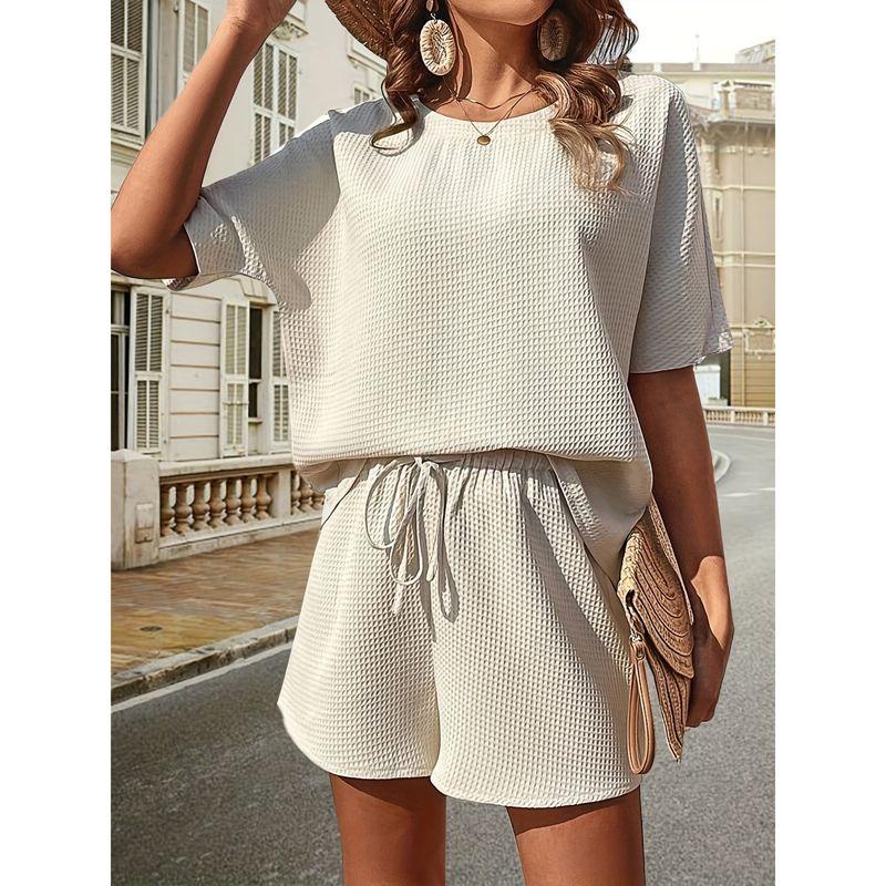 round Neck T-shirt Loose Shorts Set Pure Color Crew Neck T-shirt Loose Shorts Suit