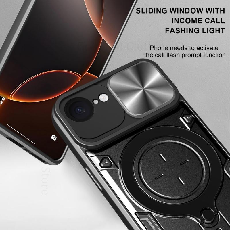 Phone Case For iPhone 16e SE4 2025 Push Window Armor Magnetic Kickstand Tough Case For Apple 14 13 15 Pro Max 16 Plus Alloy Ring Holder Stand PC Cover
