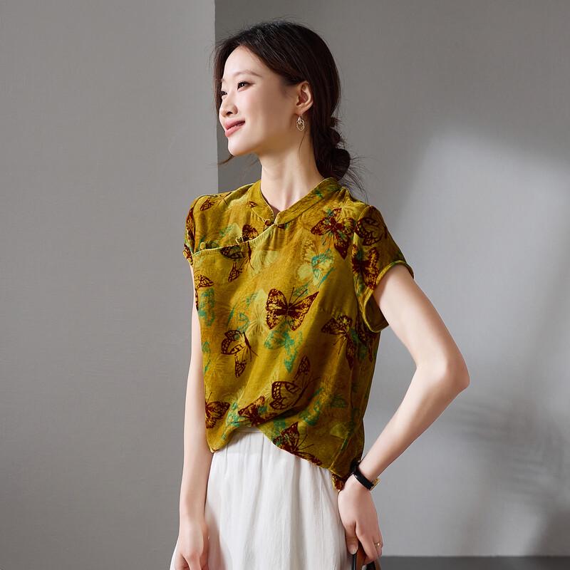 SOFSIL New Chinese Style Velvet Silk Printed Short Sleeve Shirt