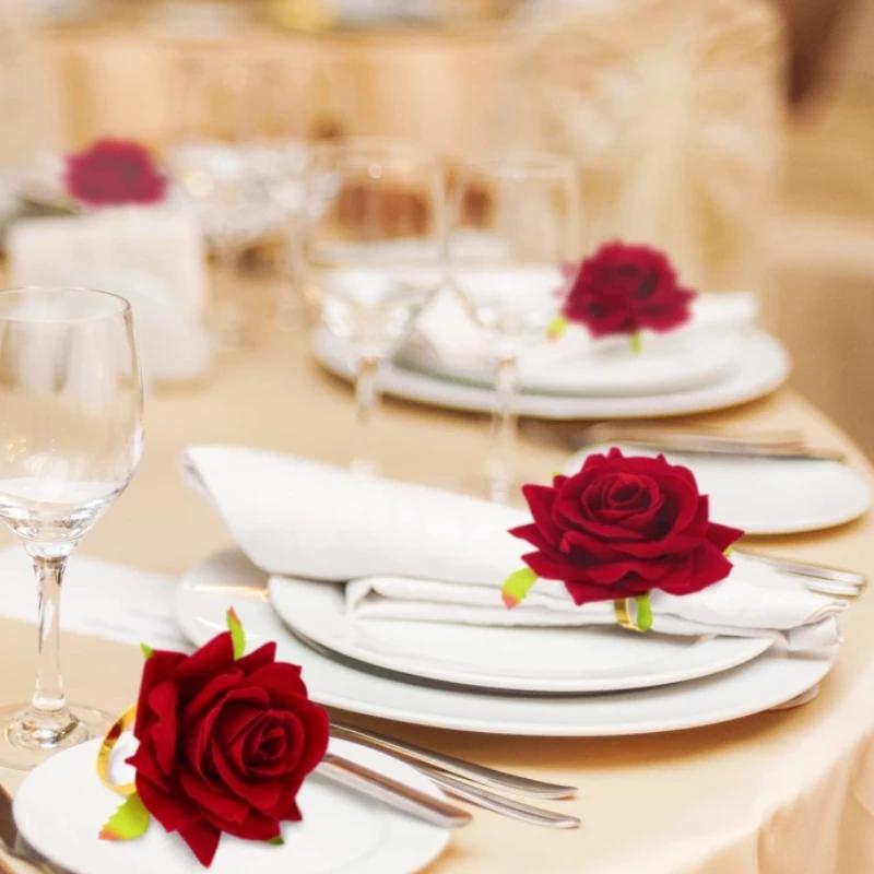 Flower Napkin Rings Set of 6, Rose Napkin Buckles Dinner Napkin Holder for Valentine's Day,Wedding, Parties Table Decoration