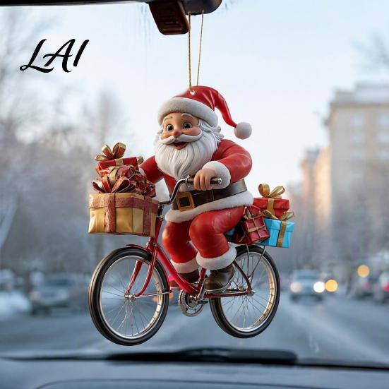 Christmas Atmosphere Decor 2Pcs Santa Riding Bicycle Acrylic Hanging Ornament Car Holiday Decorations Interior Rearview Mirror Charm Backpack