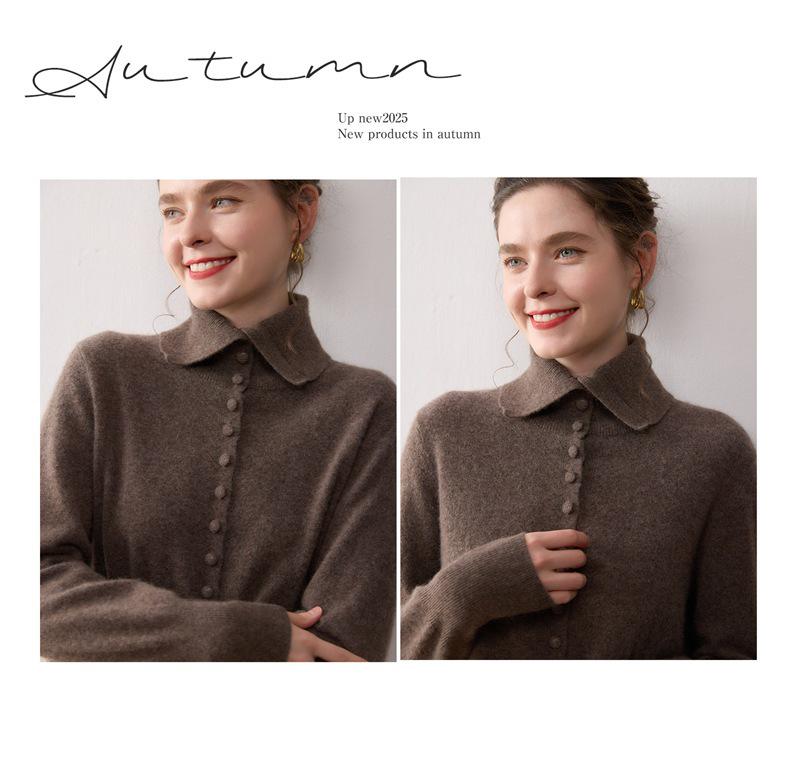 Women's Soft Solid Color Cashmere Knit Cardigan with POLO Collar