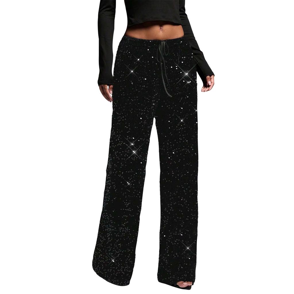 Women's Adult Sequined Fashion Drawstring Slimming Stretch Straight Leg Pants