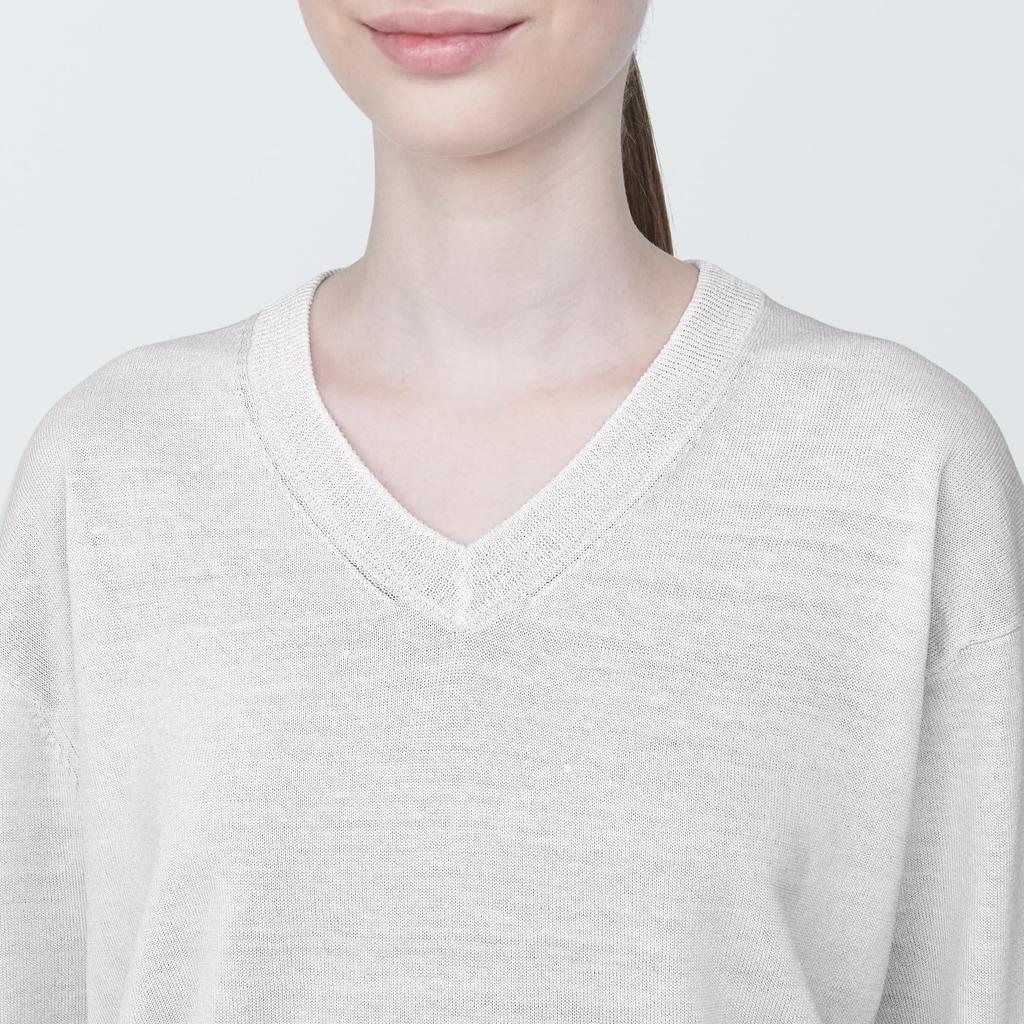 MUJI Women's UV-Cut Hemp Blend V-Neck Sweater, Light Gray, Size M (BA1OHA4S)