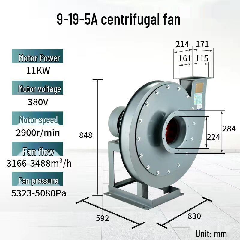 High-Pressure 9-19 Centrifugal Fan Blower 380V for Exhaust, Material Conveying, Pellet Blowing, and Industrial Draft.