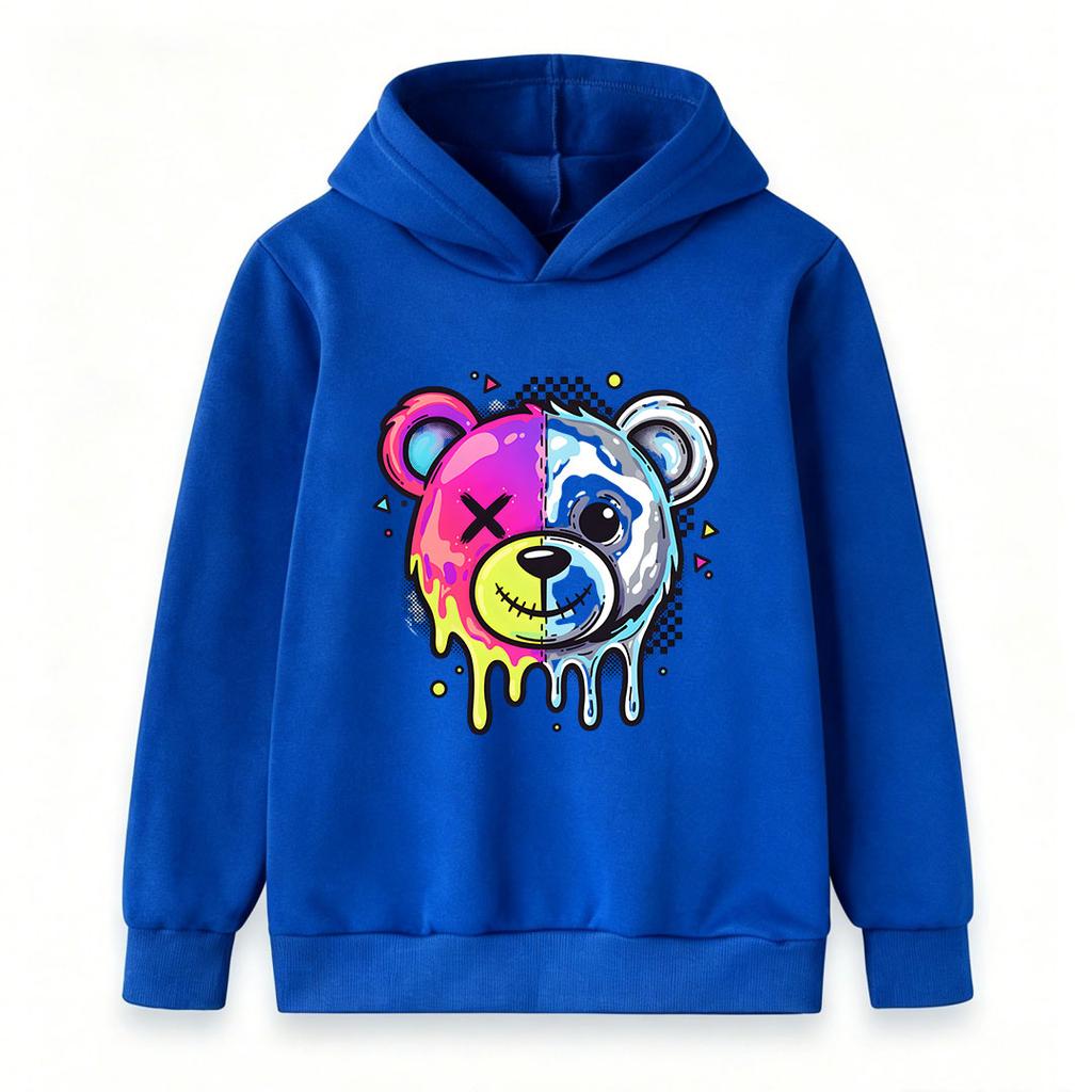 Kids Boys Girls Pullover Hoodie, Neon Dripping Split Bear Print Casual Long Sleeve Hooded Sweatshirt, Fashion Streetwear Top For Children
