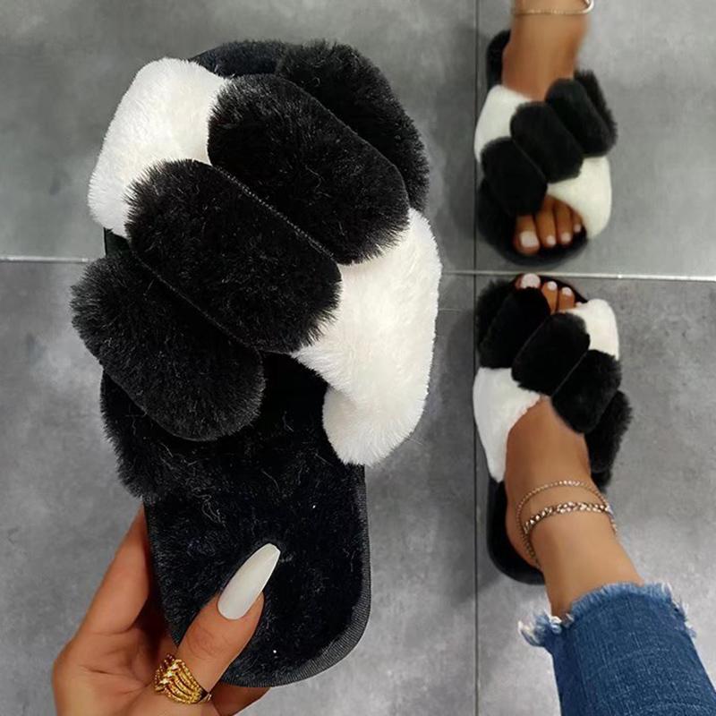 Fashion Contrast Color Cross Strap Plush Slippers for Women Winter Fashion Fluffy House Slippers Woman Cozy Warm Faux Rabbit Fur Slides