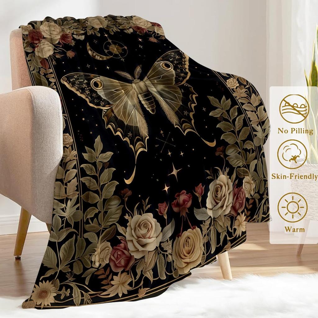 Gothic Moth and Rose Flannel Blanket - Mystical with Lunar Moon Vintage Throw - Lightweight Soft Cozy Gifts Blankets for Kids Adults & Nature