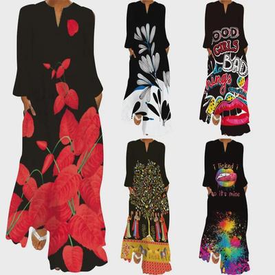 2024 Women's Retro Butterfly Print V-Neck Long Sleeve Pocket Maxi Dress
