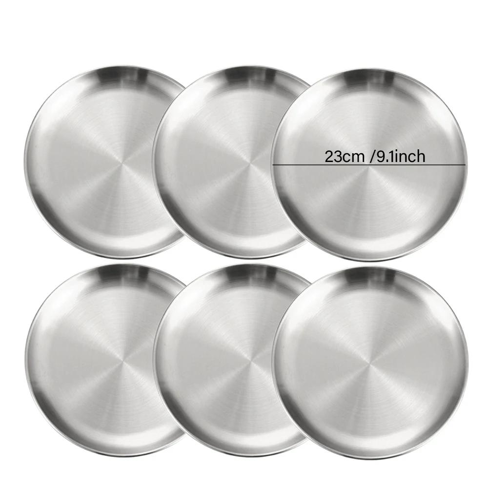 6Pcs Stainless Steel Metal Round Dining Disc Bone Spitting Dish High Quality Shallow Tray Silver BBQ Disc Kitchen Plate