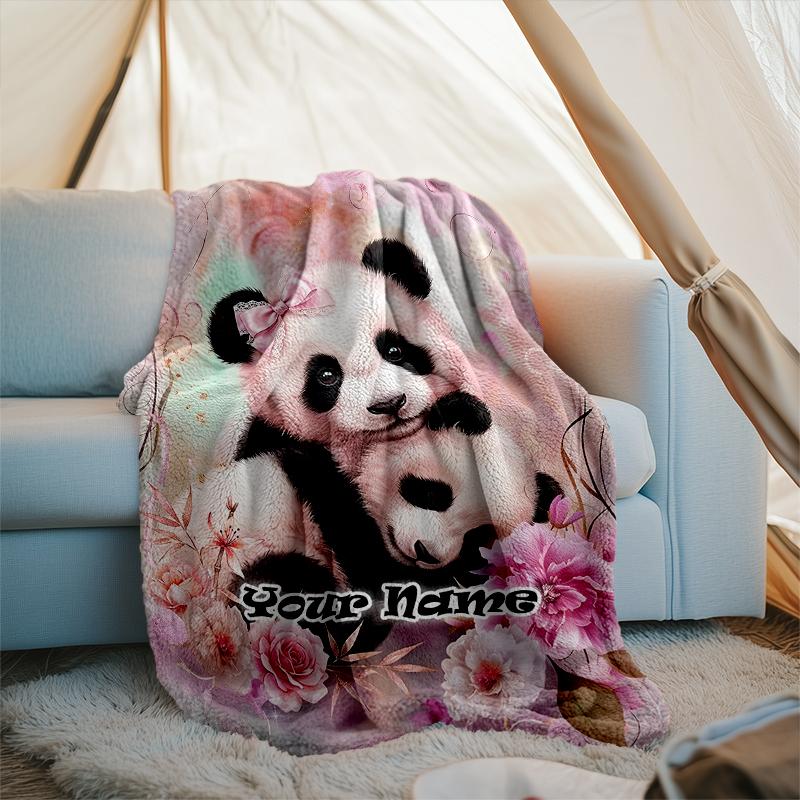 1PC Custom Name Panda Love Flowers Artwork flannel blanket versatile,all-season throw suitable for the living room,bedroom,camping,travel,and gift