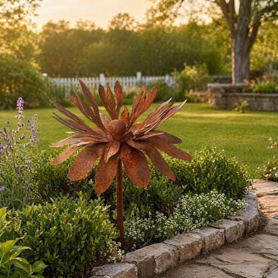 Rusty Outdoor Daisy Flower Metal Yard Stake, Rusted Iron Art Flower Garden Decoration, Weather-Resistant Garden Ornament for Lawn, Pathway, Patio, or