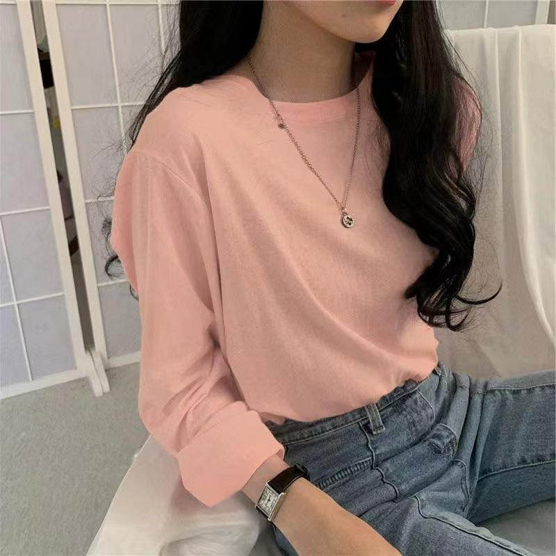 2023 Korean Style Women's Solid Color Long Sleeve T-shirt - Loose Fit, All-Match, for Spring & Autumn