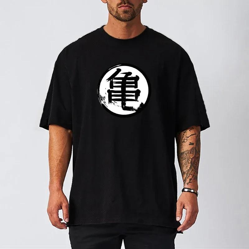 Muscleguys Japanese Turtle Script Printed Oversized Quick Dry Mesh Running T-shirts Men Half Sleeve Loose T Shirts Streetwear Hip Hop Shirt