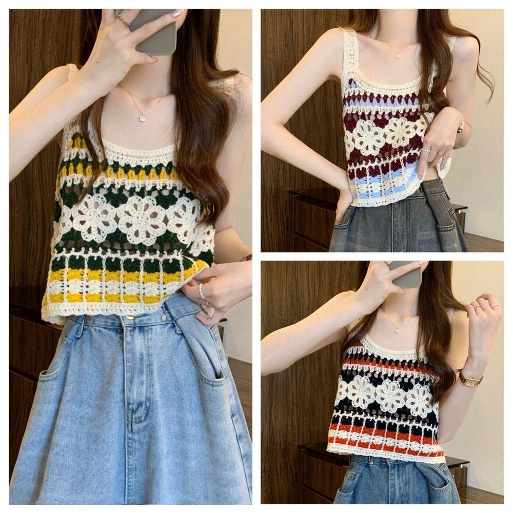Short Knitted Vest Polyester Fiber Sleeveless Top Sweet Hollow Out Top Women's