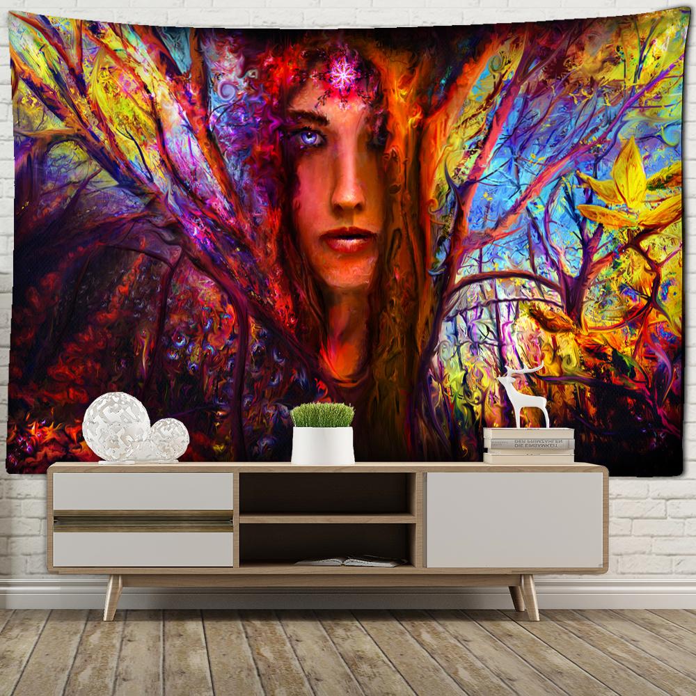 Nordic Abstract Woman Face Tapestry Wall Hanging Bohemian Hippie Psychedelic Carpet Background Wall Painter Decor