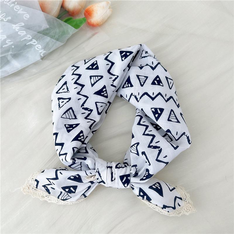 Cotton Linen Lace Edge Square Scarves 60cm Kerchief Neckerchief Bandanas Women Casual Neck Scarf Plaid Print Geometric Pattern