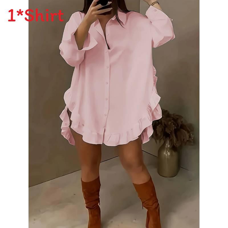 Pure Color Loose Fit Shirt With Ruffle Hem And Long Sleeves For Summer Casual Wear